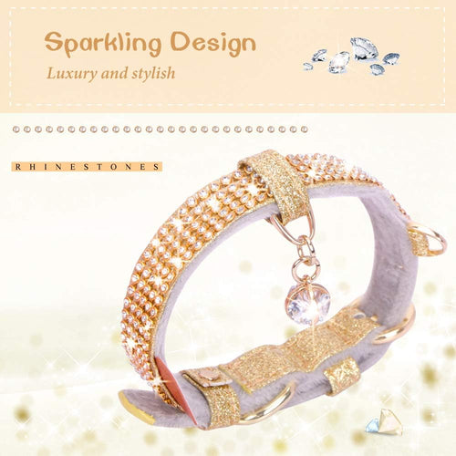 Cat Collar, Dog Collar, [Bling Rhinestones] Premium PU Leather with Pendant Adjustable Collars for Small to Medium Dog Medium Gold